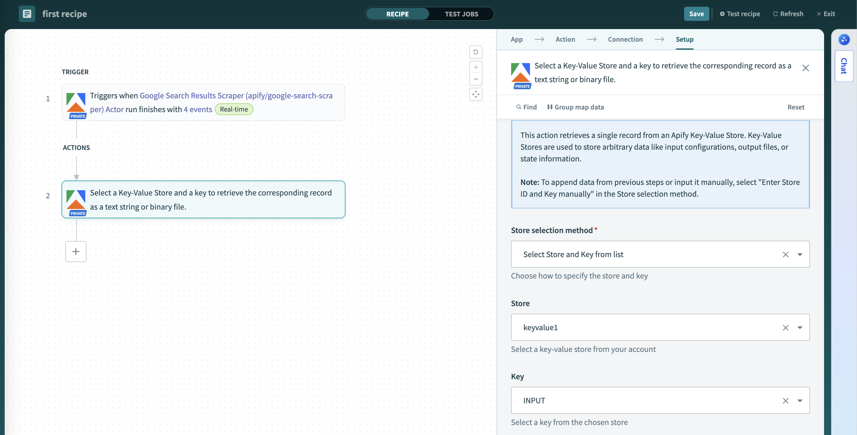 Screenshot of the Get Key-value store record action configuration interface in Workato